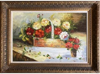 Flower Basket & Vase Oil On Canvas Unmarked