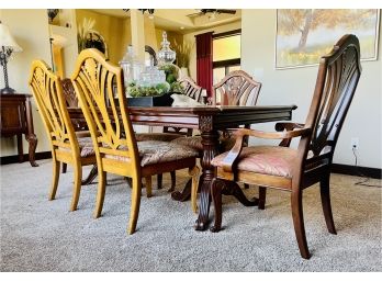Traditional Dining Room Set With Double Pedestal Table, Inlayed Top-1 Leaf & 6 Carved Chairs, 4 Side & 2 Arm