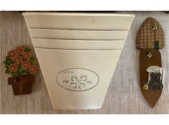 Small Grouping Of Home Decor Items Including Metal Wall Hanging Flower Pot And More