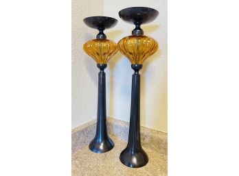 2 Metal & Amber Glass Pillar Candle Holders