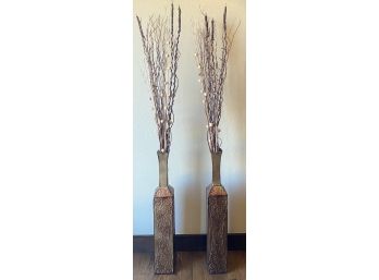 Pair Of Tall Decorative Vases W/ Faux Shrubbery