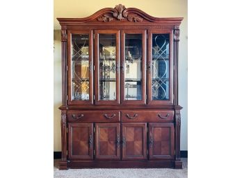 Traditional Lighted China Cabinet With Beveled Glass Doors And Storage Below