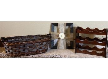 (3) Wooden/wicker Home Decor Items Including A (9) Bottle Wine Holder And More