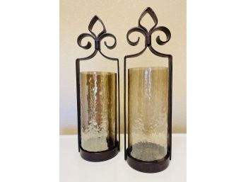 Metal & Smoked Glass Pillar Candle Holders