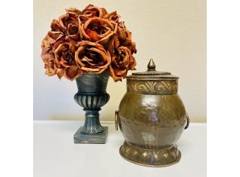 Urn Vase With Faux Flowers & Lidded Pot