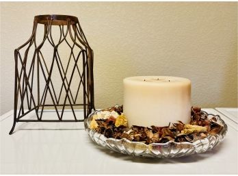 Large 3 Wick Pillar Candle With Potpourri In Glass Dish & Metal Decorative Piece