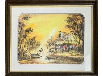 Framed Vintage Asian River Side Cottage