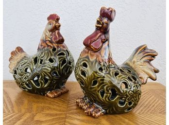 Pierced Ceramic Hen & Rooster Tea-light Holder Figurines