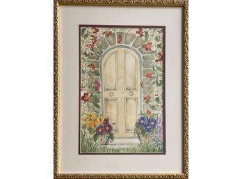 Watercolor On Canvas Door W/ Floral Surroundings