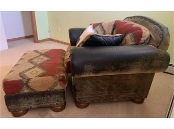 Leather And Upholstered Southwestern Print Chair With Footrest