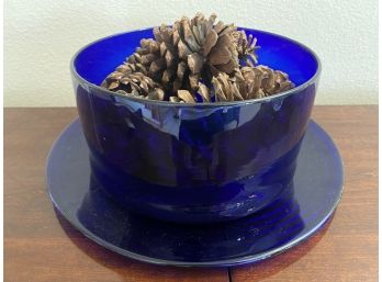 Cobalt Blue Vase And Plate Filled With Acorns