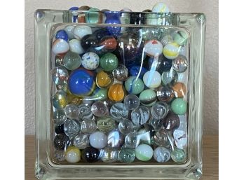 Large Collection Of Marbles In Square Glass Jar