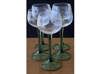 5 Etched Glasses W/ Green Stems
