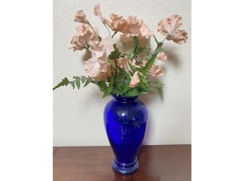 Glass Cobalt Vase With Faux Flowers