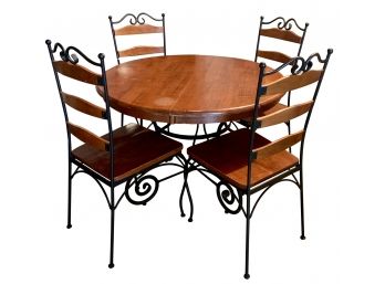 Solid Wood Table With Wrought Iron Base And Four Chairs With Leaf Needs Love