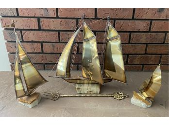 3 Vintage Demott Brass Sailboats Mounted On Quartz Base With Brass Fire Prod