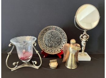 VTG Gold Brass Standing Tilting Mirror W Marble Base W A Brass Embossed Plate & Angel Candle Holder & More
