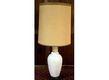 Vintage Lamp With A Burlap Top Shade And Crackled White Bass