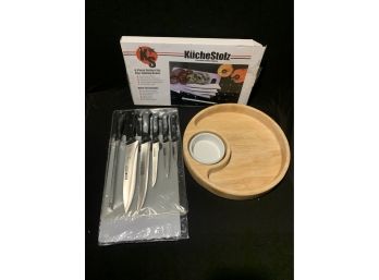 Six Piece Cutlery Set And Cutting Board New In Box With A Chip And Dip With Ceramic Dish