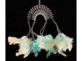 Native American Decorative Beaded Piece W/ Blue & White Feathers