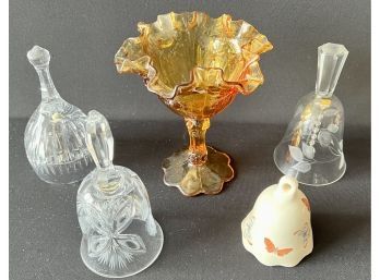 4 Glass Bells And 1 VTG Fenton Amber Compote
