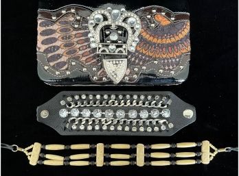 3 Piece Collection Of Leather & Beaded Pieces Incl. Wallet & Bracelets