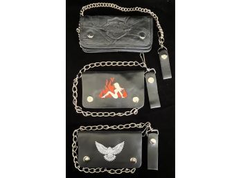 3 Piece Collection Of Biker Leather Wallets W/ Chain