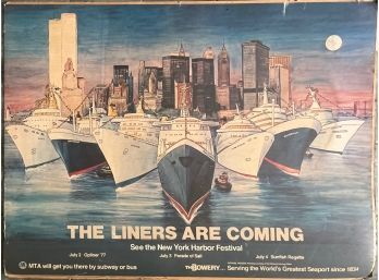Large New York Harbor Festival The Liners Are Coming 1977 Cardboard Poster