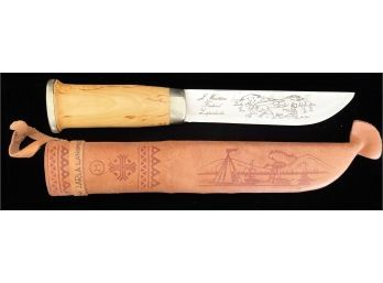 Vintage Finish Knife W/ Wooden Handle & Leather Case