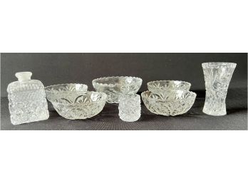 An Assortment Of Clear Cut Glass Pieces Including Small Bowls, Vase And More