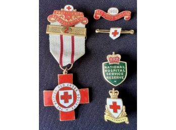 5 Rare Red Cross Pins. JRGAUNT LONDON, 1959 Red Cross Nursing, National Hospital Service Reserve & More