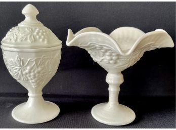 2 VTG White Decorative Dishes Inc A Ruffled Compote And Lidded Compote Dish Signed And Dated