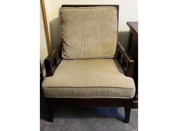 Dark Wood Armchair W/ Greyish Green Upholstery
