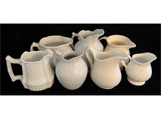 7 Piece Collection Of Small White Porcelain Pitchers Incl. Two's Company & Royal Crownford