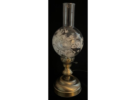 Vintage Brass Paraffin Lamp W/ Floral Design