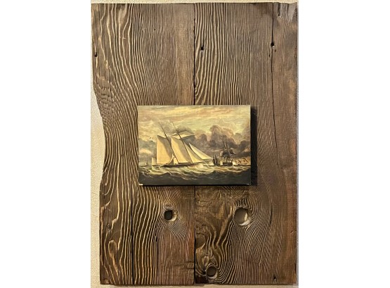 Vintage Ship Scene Painting On Large Wooden Plank
