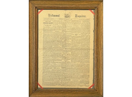 Framed Richmond Enquirer Newspaper Issue March 30th, 1863