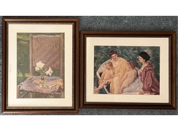 The Swim Or Two Mothers & Their Children On A Boat Print By Mary Cassatt & Vase On Wicker Chair Wall Art