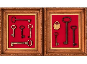 Antique Keys In Hand Tooled Walnut Frames