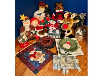Large Assorted Lot Of Christmas Decor Incl. Stuffed Animals, Plates & More