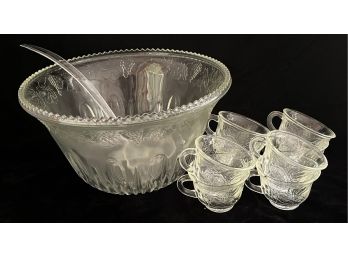 Glass Punch Bowl W/ 8 Cups & Laddle