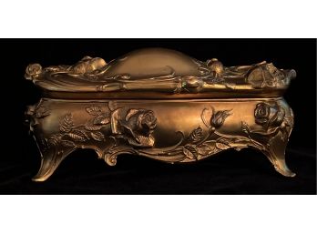 Large Antique Weidlich Bros Casket Jewelry Box Lined W/ Gold Metal Gilt