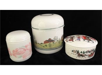 1 Christmas Themed Porcelain Trinket Box & 2 Porcelain Lidded Candle Holders
