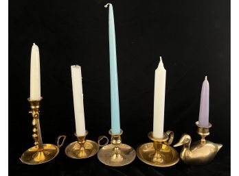 5 Brass Candle Holders W/ Candles