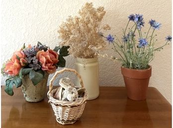 Assorted Lot Of Faux Flowers & 3 Pots & 1 Basket