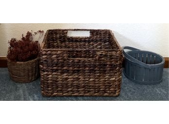 Assorted Lot Of Home Decor Incl. Wicker Baskets & Faux Plant