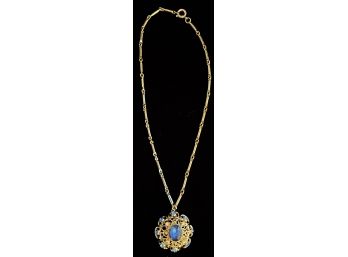 Antique Gold-tone Blue Gem Pendant W/ German Chain Necklace