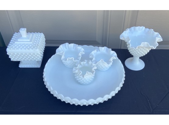 Milk Glass Set Including Candy Dishes, Candle Holders, And Platter