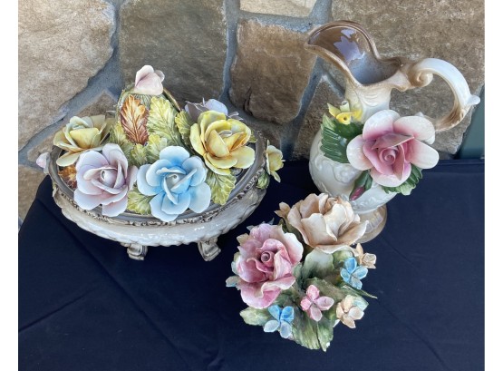 Collection Of 3  Capodimonte Porcelain Floral Decor Items
