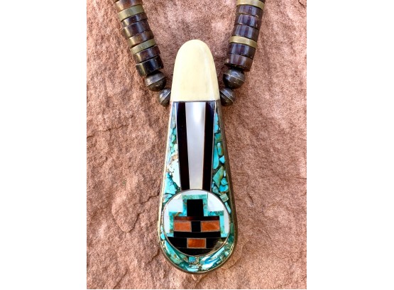 Inlaid Onyx, Coral, And Turquoise Zuni Necklace